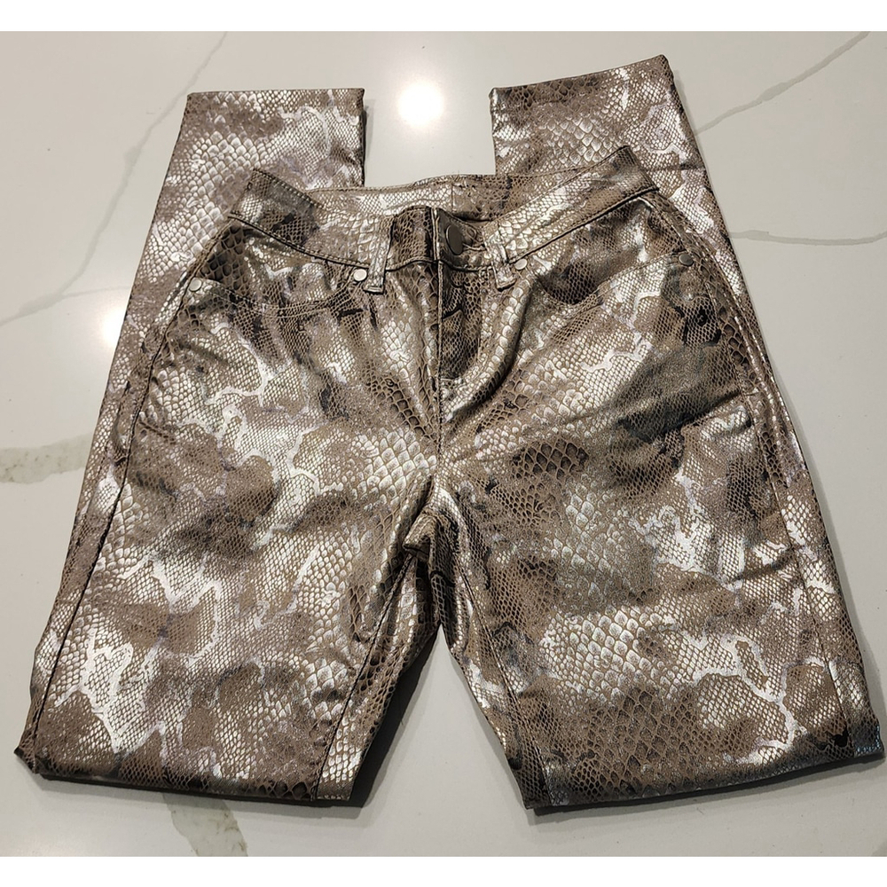 Python Snake Skin Stretch Mid-Rise Skinny Jeans Women's 25 Petal Silver Foil